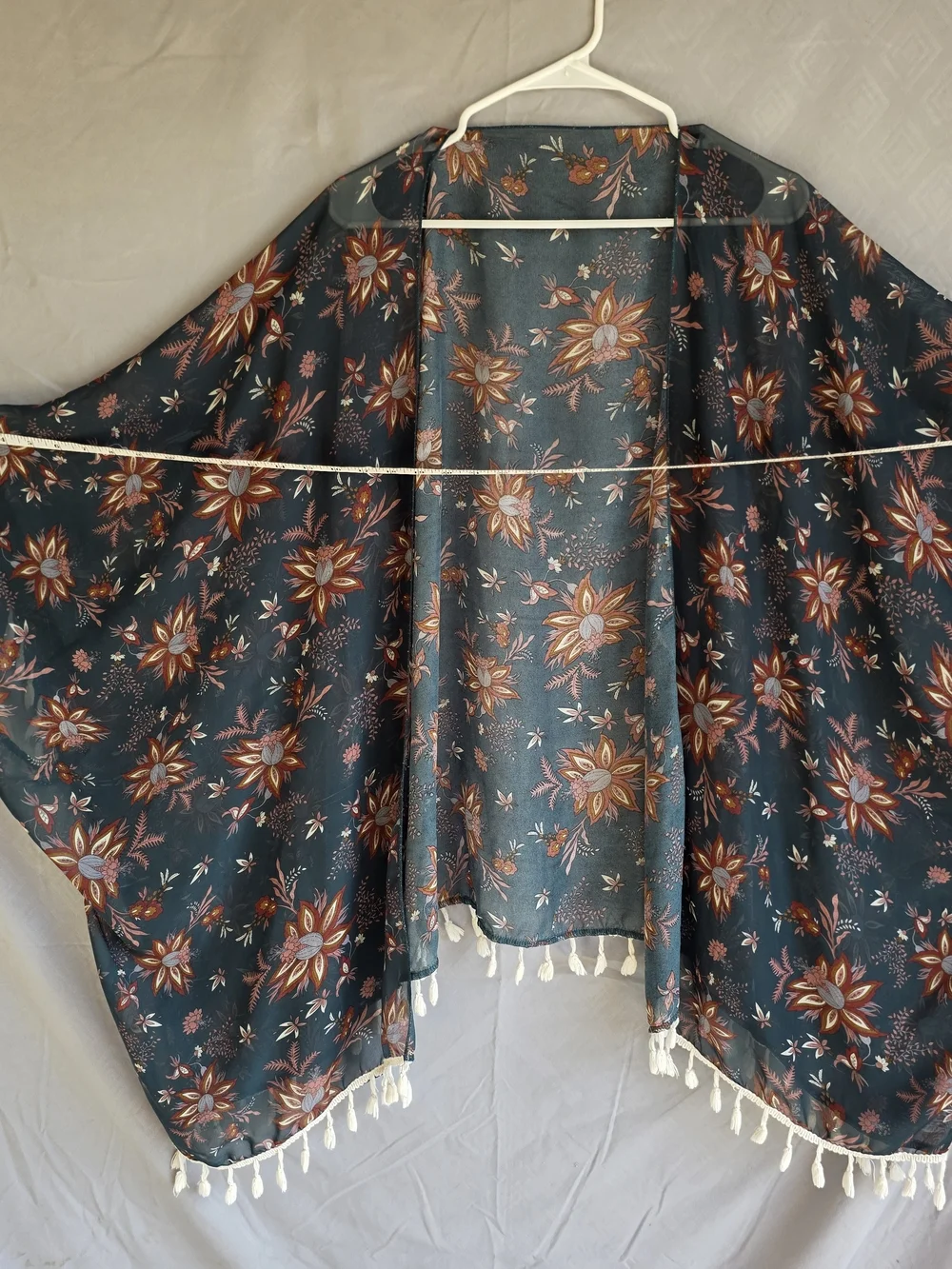 SHEIN 3X Dark Teal Floral Tassel Fringe Boho Kimono